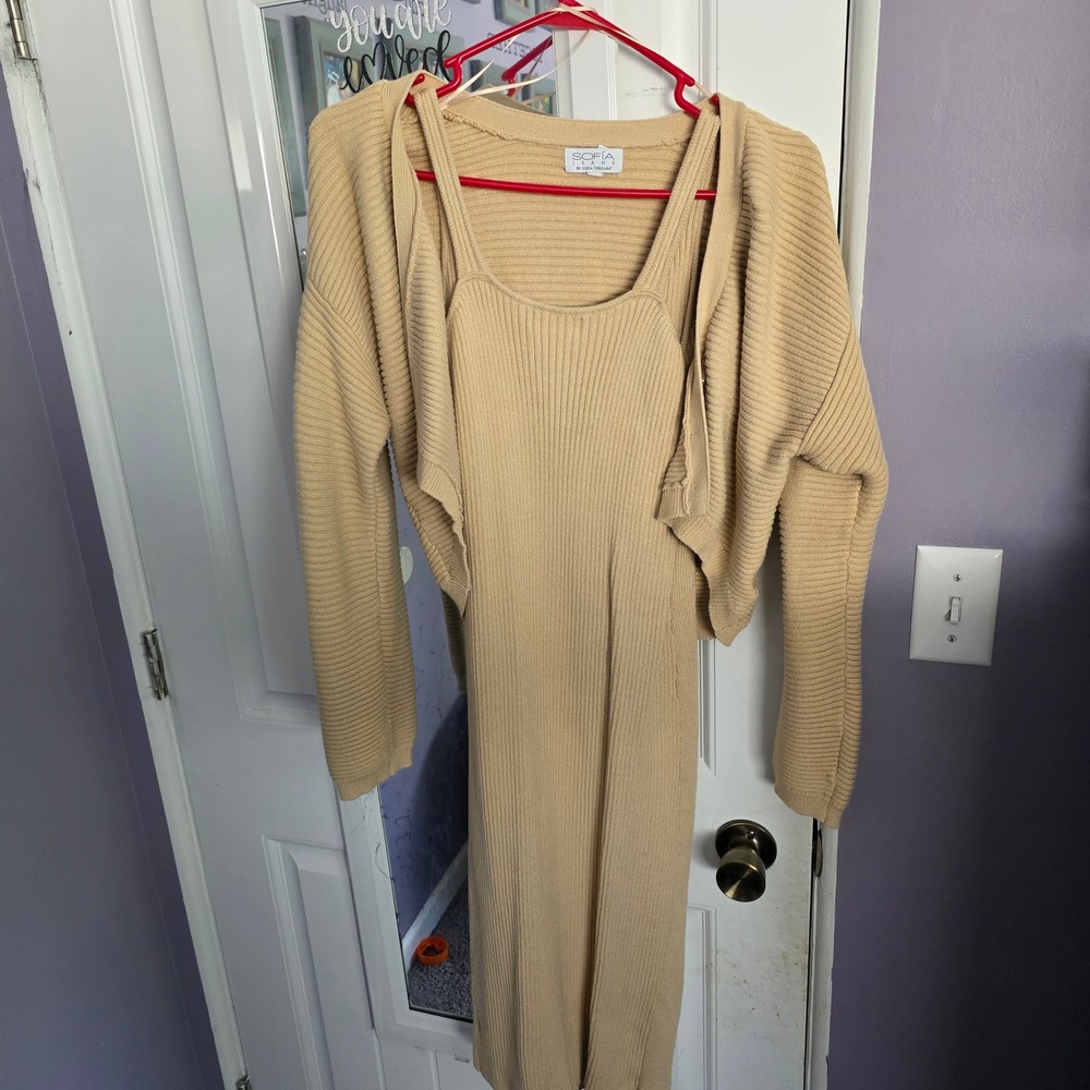 Sofia Vergara 2 Piece Ribbed Knit Midi Dress and Shrug Set Tan L